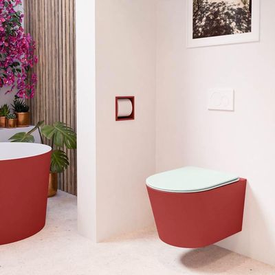 Mondiaz LAVIE hangtoilet – spoelrandloos – 36 x 53 cm – met softclose zitting – Fire (rood), zitting Greey (lichtgroen/grijs)