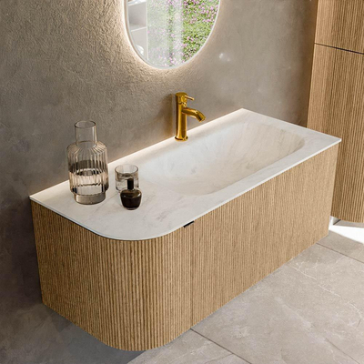 MONDIAZ KURVE-DLUX 105cm meuble de salle de bains avec module 25 L couleur chêne avec 1 tiroir et 1 porte. Lavabo BIG SMALL à droite 1 trou de robinetterie couleur Opalo.