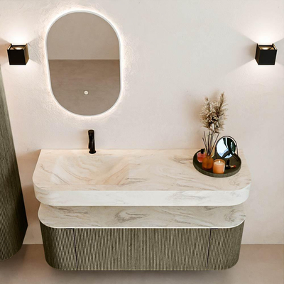 MONDIAZ THOR-DLUX Meuble de salle de bains 140cm arrondi gauche + droite couleur Shadow avec 1 tiroir et 2 portes. Vasque suspendue CLOUD Gauche 1 trou de robinet couleur Ostra.