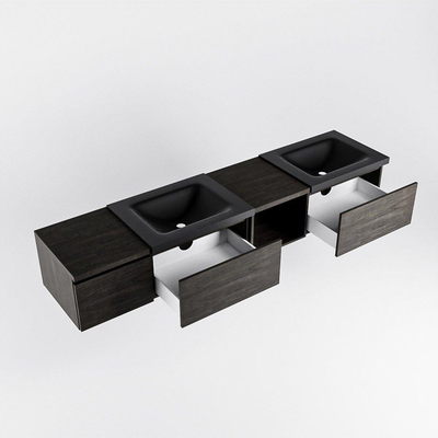 MONDIAZ BUKLA 200cm ensemble de meuble avec module ouvert 40 à droite couleur Marron Foncé avec 3 tiroirs. Lavabo CLOUD double 2 trous de robinet couleur Urban.