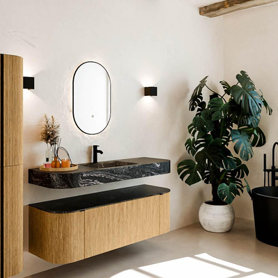 MONDIAZ THOR-DLUX 140cm badmeubel ronding links + rechts kleur Oak met 1 lade en 2 deuren. Vrijhangende wastafel CLOUD Midden 1 kraangat kleur Lava.