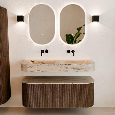 MONDIAZ THOR-DLUX 120cm badmeubel ronding links + rechts kleur Walnut met 1 lade en 2 deuren. Vrijhangende wastafel CLOUD Dubbel zonder kraangat kleur Arena.