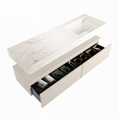 Mondiaz ALAN-DLUX Ensemble de meuble - 150cm - meuble Linen mat - 2 tiroirs - Lavabo Cloud Ostra suspendu - vasque Droite - 0 trous de robinet