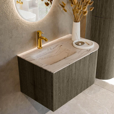 MONDIAZ KURVE-DLUX Meuble de salle de bains 75 cm arrondi Droite couleur Shadow avec 1 tiroir et 1 porte. Lavabo GRUNNE Gauche 1 trou de robinet Nata.