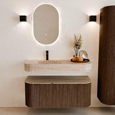 MONDIAZ THOR-DLUX 110cm badmeubel ronding links + rechts kleur Walnut met 1 lade en 2 deuren. Vrijhangende wastafel CLOUD Links 1 kraangat kleur Saba.