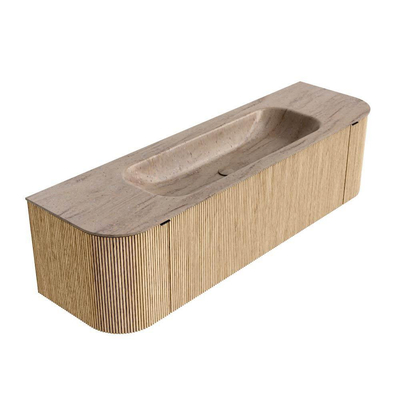 MONDIAZ KURVE-DLUX 160cm badmeubel ronding Links + Rechts kleur Oak met 1 lade en 2 deuren. Wastafel BIG MEDIUM Midden 1 kraangat Saba.