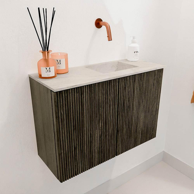 Mondiaz JOYA-DLUX 60cm toiletmeubel - kleur Shadow - Wastafel FAYE positie Rechts Zonder kraangat kleur Ostra.