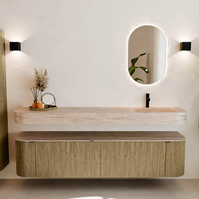 MONDIAZ THOR-DLUX Meuble de salle de bains 190cm arrondi gauche + droite couleur Dusk avec 2 tiroirs et 2 portes. Vasque suspendue CLOUD Droite 1 trou de robinet couleur Saba.