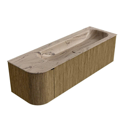 MONDIAZ KURVE-DLUX Meuble de salle de bains 145cm arrondi gauche couleur Dusk avec 1 tiroir et 1 porte. Lavabo BIG LARGE droit 1 trou de robinet Arena.