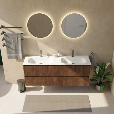 Saniclass Holz Atelier Ensemble meuble de salle de bains - 160x45x61.5cm - lavabo Flow en solid surface blanc - 2 vasques - 2 trous de robinetterie - 4 tiroirs - noyer pure mat (bois)