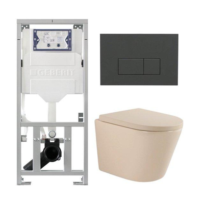 QeramiQ Dely Toiletset - 36.3x51.7cm - diepspoel - rimless - Geberit UP320 inbouwreservoir - softclose toilet zitting - 35mm - bedieningsplaat antraciet mat - rechthoekige knoppen - mat beige