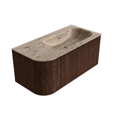 MONDIAZ KURVE-DLUX Meuble de salle de bains 95cm arrondi à gauche couleur Walnut avec 1 tiroir et 1 porte. Lavabo BIG SMALL à droite sans trou de robinet Arena.