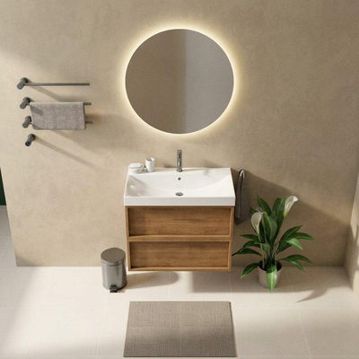 Saniclass Holz Frame Ensemble de meubles de salle de bains - 80x45x67.5cm - lavabo Wave en céramique - 1 vasque - 1 trou de robinetterie - 2 tiroirs - chêne naturel mat (bois)