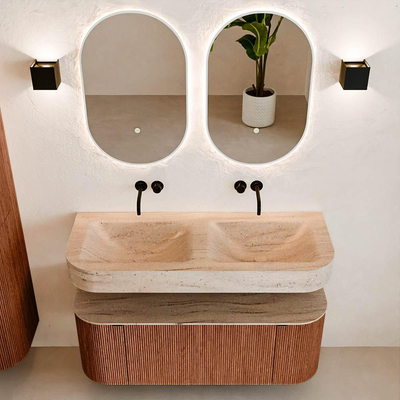 MONDIAZ THOR-DLUX 120cm meuble de salle de bains arrondi gauche + droite couleur Ruby avec 1 tiroir et 2 portes. Vasque suspendue CLOUD Double sans trou de robinet couleur Saba.