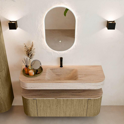 MONDIAZ THOR-DLUX 130cm meuble de salle de bains arrondi gauche + droite couleur Dusk avec 1 tiroir et 2 portes. Vasque suspendue CLOUD Milieu 1 trou de robinet couleur Saba.