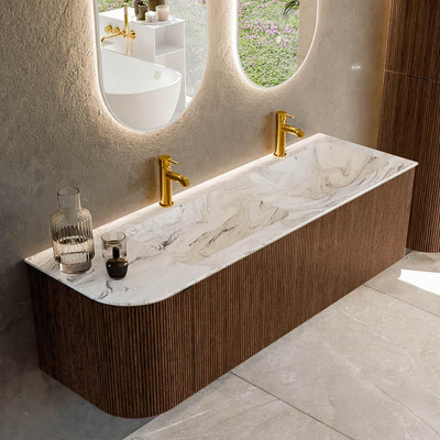 MONDIAZ KURVE-DLUX 145cm badmeubel met module 25 L kleur Walnut met 1 lade en 1 deur. Wastafel LEAF dubbel / rechts 2 kraangaten kleur Glace.