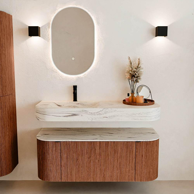 MONDIAZ THOR-DLUX 120cm meuble de salle de bains arrondi gauche + droite couleur Ruby avec 1 tiroir et 2 portes. Vasque suspendue CLOUD Gauche 1 trou de robinet couleur Nata.