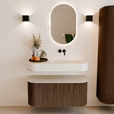 MONDIAZ THOR-DLUX 100cm meuble de salle de bains arrondi gauche + droite couleur Walnut avec 1 tiroir et 2 portes. Vasque suspendue CLOUD droite sans trou de robinet couleur Meli.