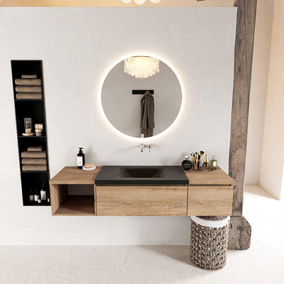 MONDIAZ BUKLA Meuble de salle de bains 160cm avec module ouvert 40 gauche couleur Washed Oak avec 2 tiroirs. Lavabo CLOUD central 0 trous de robinet couleur Urban.