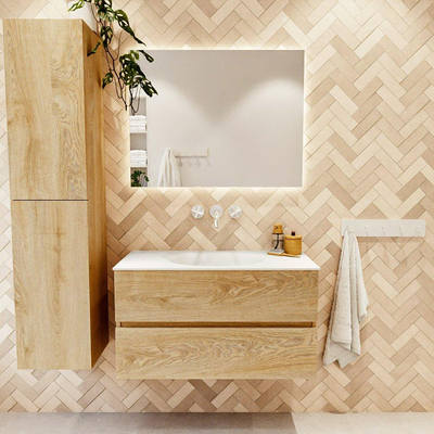 Mondiaz VICA Badkamermeubelset - 90x45x50cm - 2 lades - solid surface wastafel - Moon - zonder kraangaten - Talc - Washed Oak
