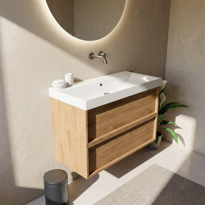 Saniclass Holz Frame Ensemble meuble de salle de bains - 100x45x67.5cm - Wave lavabo en céramique - 1 vasque - sans trou de robinet - 2 tiroirs - chêne natural mat (bois)