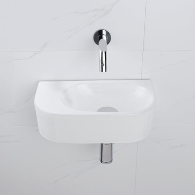 QeramiQ Fuente Ensemble de Lavabo - 40x21.5x12cm - lisse - demi-rond - céramique - ensemble de robinet chrome - bouchon de vidange - siphon réduit - blanc brillant
