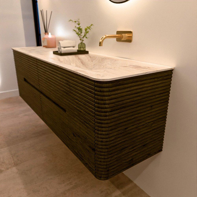 Mondiaz CIRO-DLUX Badkamermeubelset - 160x45x50cm - Solid surface wastafel Frappe - 1 wasbak Rechts - zonder kraangaten - 4 lades - Shadow