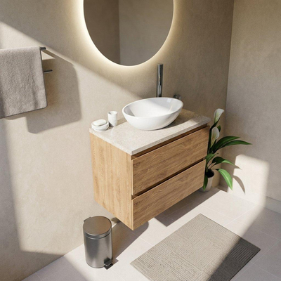Saniclass Holz Pure Ensemble meuble de salle de bains - 80x45x63cm - Plan de toilette en pierre naturelle travertin - 1 trou de robinetterie - 2 tiroirs - chêne natural mat (bois)