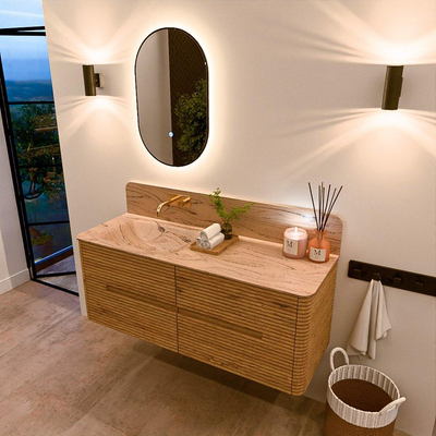 Mondiaz CIRO-DLUX Badkamermeubelset - 130x45x50cm - Solid surface wastafel Arena - 1 wasbak Links - zonder kraangaten - 4 lades - Oak