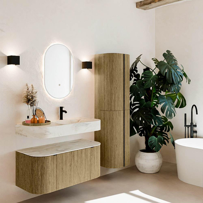 MONDIAZ THOR-DLUX 100cm meuble de salle de bains arrondi gauche + droite couleur Dusk avec 1 tiroir et 2 portes. Vasque suspendue CLOUD Droite 1 trou de robinet couleur Ostra.