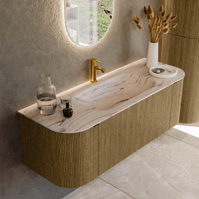 MONDIAZ KURVE-DLUX Meuble de salle de bains 130cm arrondi à gauche + à droite couleur Dusk avec 1 tiroir et 2 portes. Plan-vasque BIG SMALL Central 1 trou de robinet Nata.