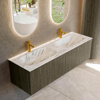 Mondiaz KURVE-DLUX Badkamermeubelset - 150x46x40cm - 2 lade - wastafel solid surface - dubbel - 2 kraangaten - Shadow
