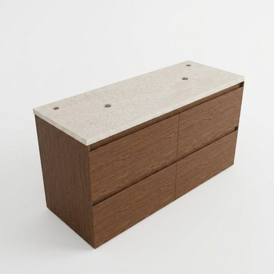 Saniclass Holz Pure Ensemble de meubles de salle de bains - 120x45x63cm - Plan de travail en pierre naturelle travertin - 2 trous de robinetterie - 4 tiroirs - noyer pure mat (bois)