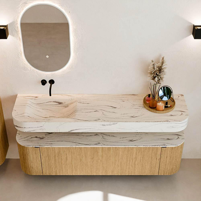 MONDIAZ THOR-DLUX Meuble de salle de bains 170cm arrondi gauche + droite couleur Oak avec 1 tiroir et 2 portes. Vasque suspendue CLOUD Gauche sans trou de robinet couleur Nata.