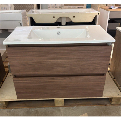 INK Wastafelonderkast - 80x45x52cm -- met wastafel wit keramiek - 2 lades - greeploos - met houten keerlijst - MDF - Warm walnoot OUTLETSTORE