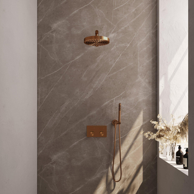 BRAUER Stripe Thermostatische Inbouw Regendouche - drukknoppen - SET 25 - 25cm douchekop - rechte muurarm - staaf handdouche - doucheslang - wandaansluitbocht - koper geborsteld PVD
