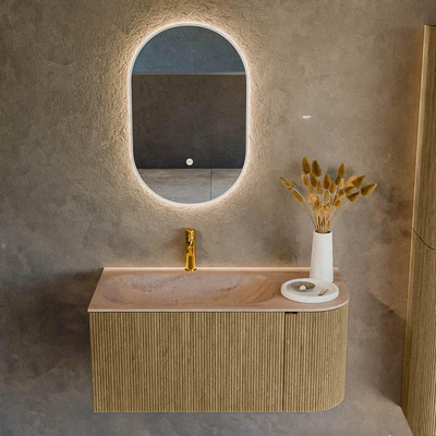 MONDIAZ KURVE-DLUX Meuble de salle de bains 95cm arrondi à droite couleur Dusk avec 1 tiroir et 1 porte. Lavabo BIG SMALL à gauche 1 trou de robinet Saba.