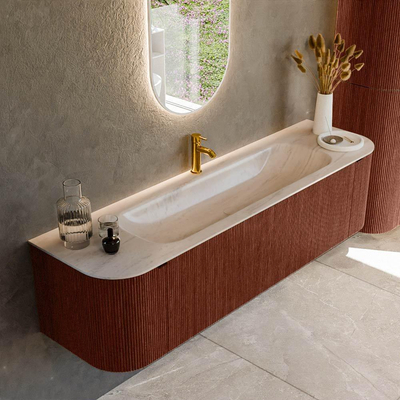 MONDIAZ KURVE-DLUX 170cm badmeubel ronding Links + Rechts kleur Ruby met 1 lade en 2 deuren. Wastafel BIG LARGE Midden 1 kraangat Meli.