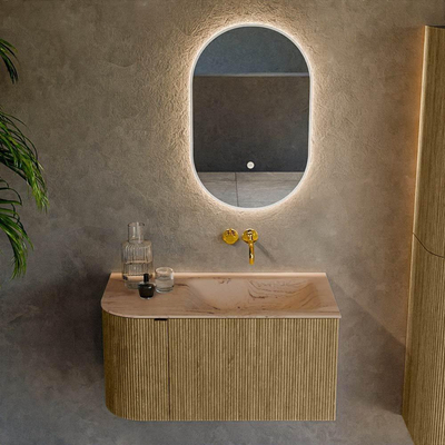 MONDIAZ KURVE-DLUX meuble de salle de bains 85cm arrondi gauche couleur Dusk avec 1 tiroir et 1 porte. Lavabo CLOUD à droite sans trou de robinet Arena.