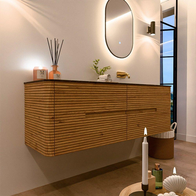 Mondiaz CIRO-DLUX Badkamermeubelset - 150x45x50cm - Solid surface wastafel Lava - 1 wasbak Rechts - zonder kraangaten - 4 lades - Oak