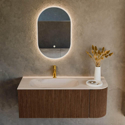 MONDIAZ KURVE-DLUX Meuble de salle de bains 115cm arrondi Droite couleur Walnut avec 1 tiroir et 1 porte. Lavabo BIG SMALL Gauche 1 trou de robinet Meli.