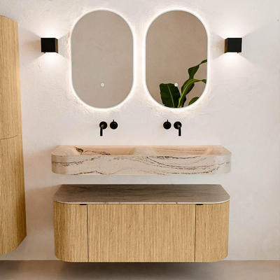 MONDIAZ THOR-DLUX 120cm meuble de salle de bains arrondi gauche + droite couleur Chêne avec 1 tiroir et 2 portes. Vasque suspendue CLOUD Double sans trou de robinet couleur Arena.