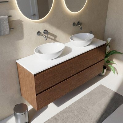 Saniclass Holz Pure Ensemble de meubles de salle de bains - 160x45x62.5cm - Plan de travail Torino en solid surface blanc - sans trou de robinet - 4 tiroirs - walnut pure mat (bois)