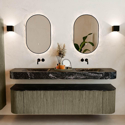 MONDIAZ THOR-DLUX 180cm meuble de salle de bains arrondi gauche + droite couleur Shadow avec 2 tiroirs et 2 portes. Vasque suspendue CLOUD Double sans trou de robinet couleur Lava.