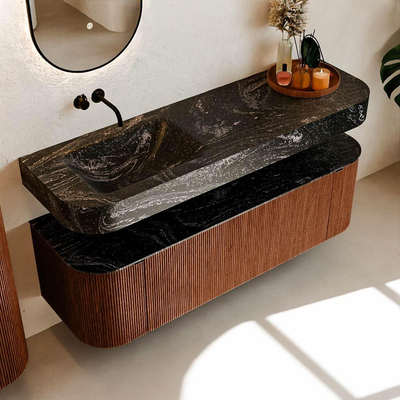 MONDIAZ THOR-DLUX 150cm meuble de salle de bains arrondi gauche + droite couleur Ruby avec 1 tiroir et 2 portes. Vasque suspendue CLOUD Gauche sans trou de robinet couleur Lava.