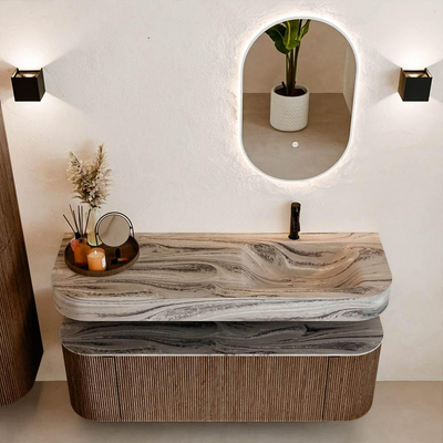 MONDIAZ THOR-DLUX 140cm badmeubel ronding links + rechts kleur Walnut met 1 lade en 2 deuren. Vrijhangende wastafel CLOUD Rechts 1 kraangat kleur Sombra.