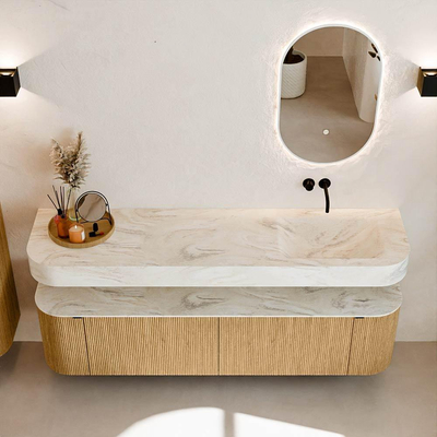 MONDIAZ THOR-DLUX 180cm meuble de salle de bains arrondi gauche + droite couleur Oak avec 2 tiroirs et 2 portes. Vasque suspendue CLOUD Droite sans trou de robinet couleur Ostra.