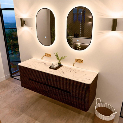 Mondiaz CIRO-DLUX Badkamermeubelset - 150x45x50cm - Solid surface wastafel Nata - 2 wasbak Dubbel - zonder kraangaten - 4 lades - Walnut
