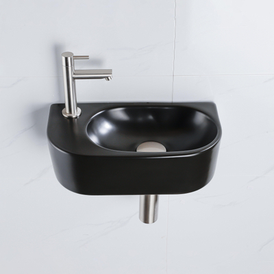QeramiQ Fuente Ensemble de lavabo - 40x21.5x12cm - gauche - lisse - demi-rond - 1 trou de robinet - céramique - robinet de lavabo en acier inoxydable brossé - bouchon de vidange - siphon abaissé - noir mat