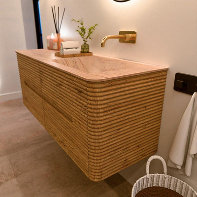 Mondiaz CIRO-DLUX Badkamermeubelset - 130x45x50cm - Solid surface wastafel Saba - 1 wasbak Rechts - zonder kraangaten - 4 lades - Oak